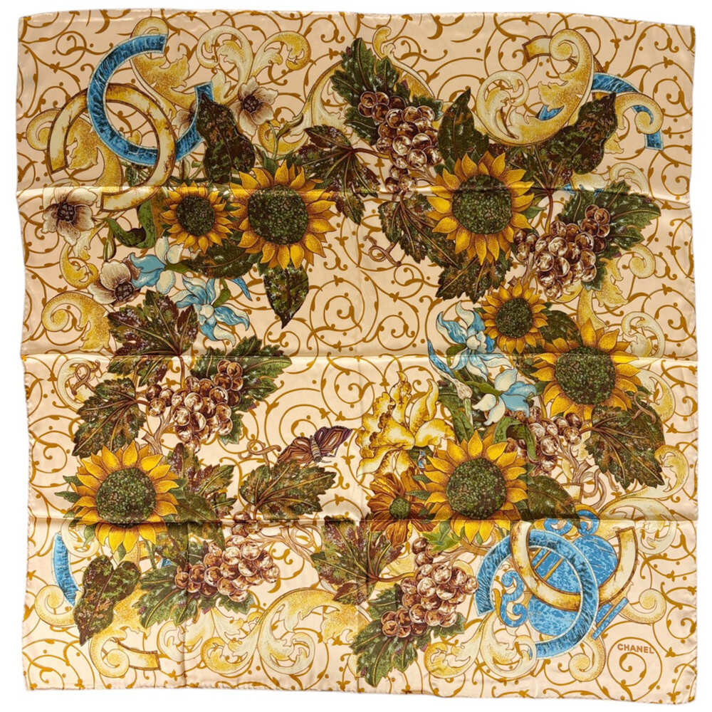 Chanel scarf/muffler with Coco Mark and sunflower design, silk, beige, multic... - Picture 1 of 3